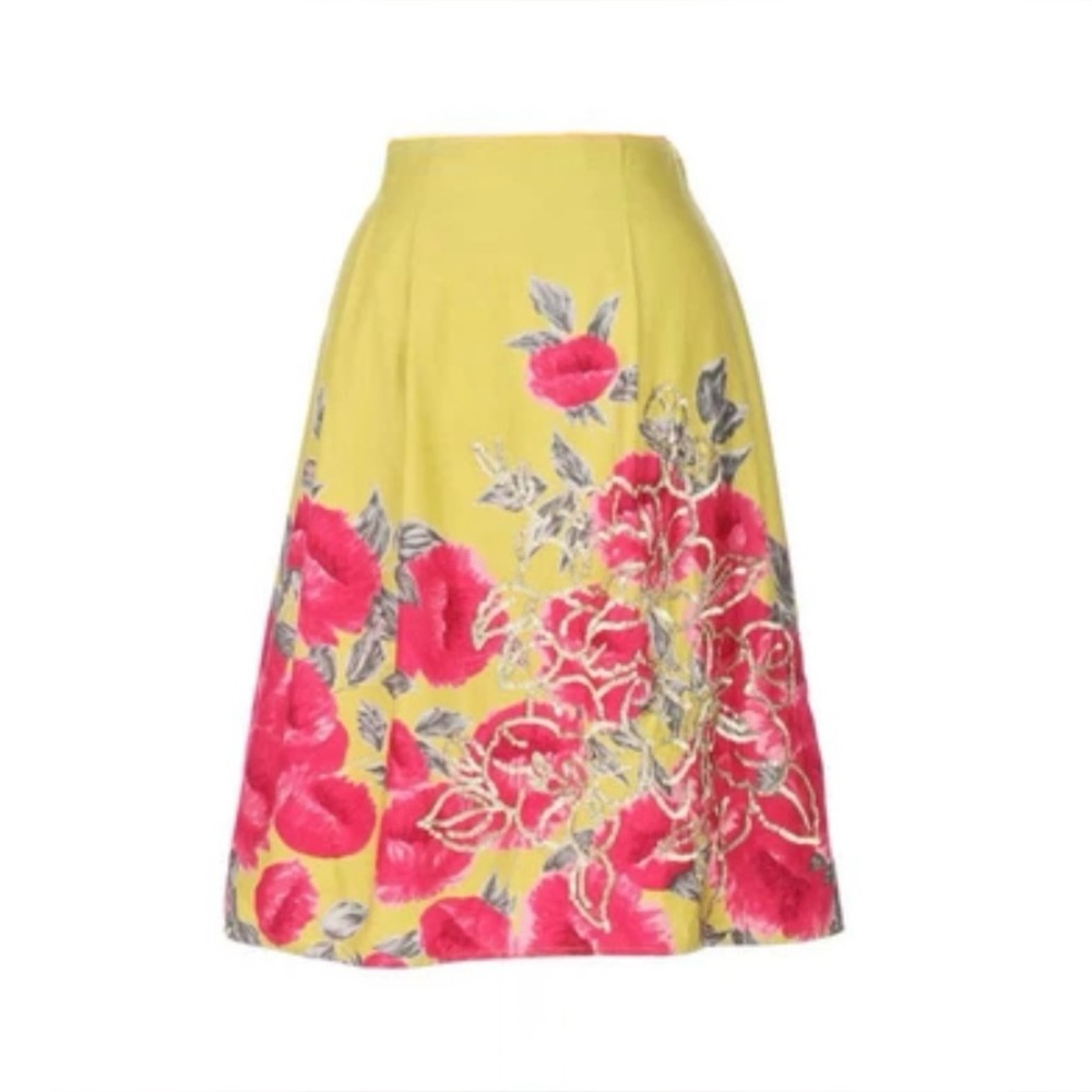 ANTHROPOLOGIE || ODILLE Sequined Peony Lore Skirt Pink and Yellow - Size 10